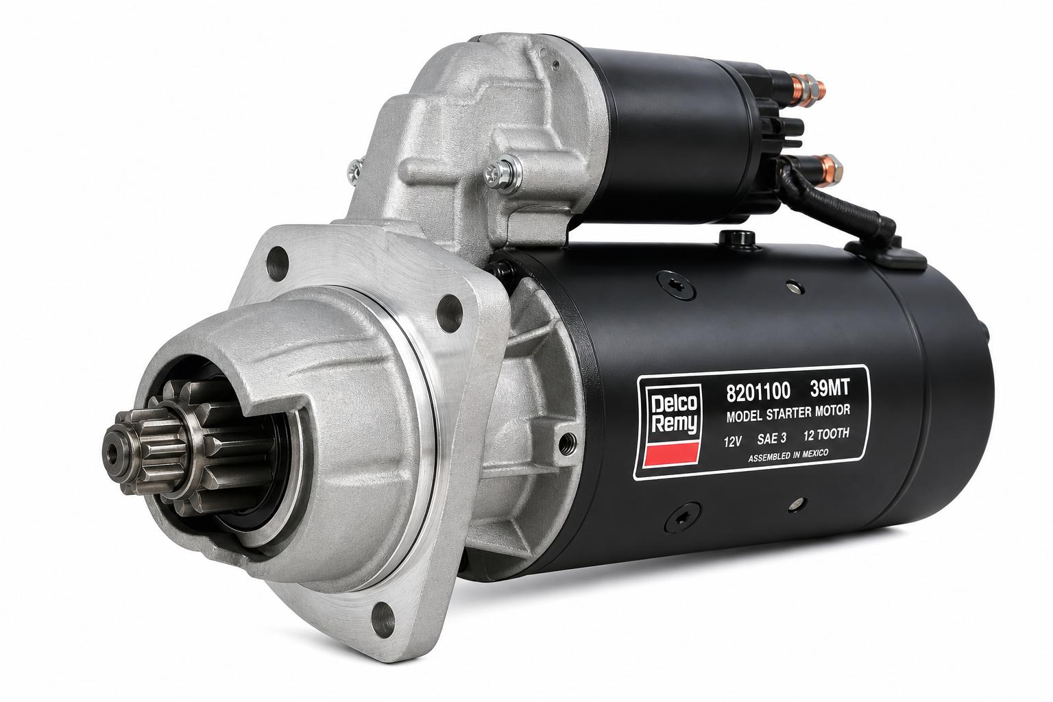 DELCO REMY 8201100 Starter Motor - 39MT Model, 12V, SAE 3 Mounting, 12 Tooth, Clockwise