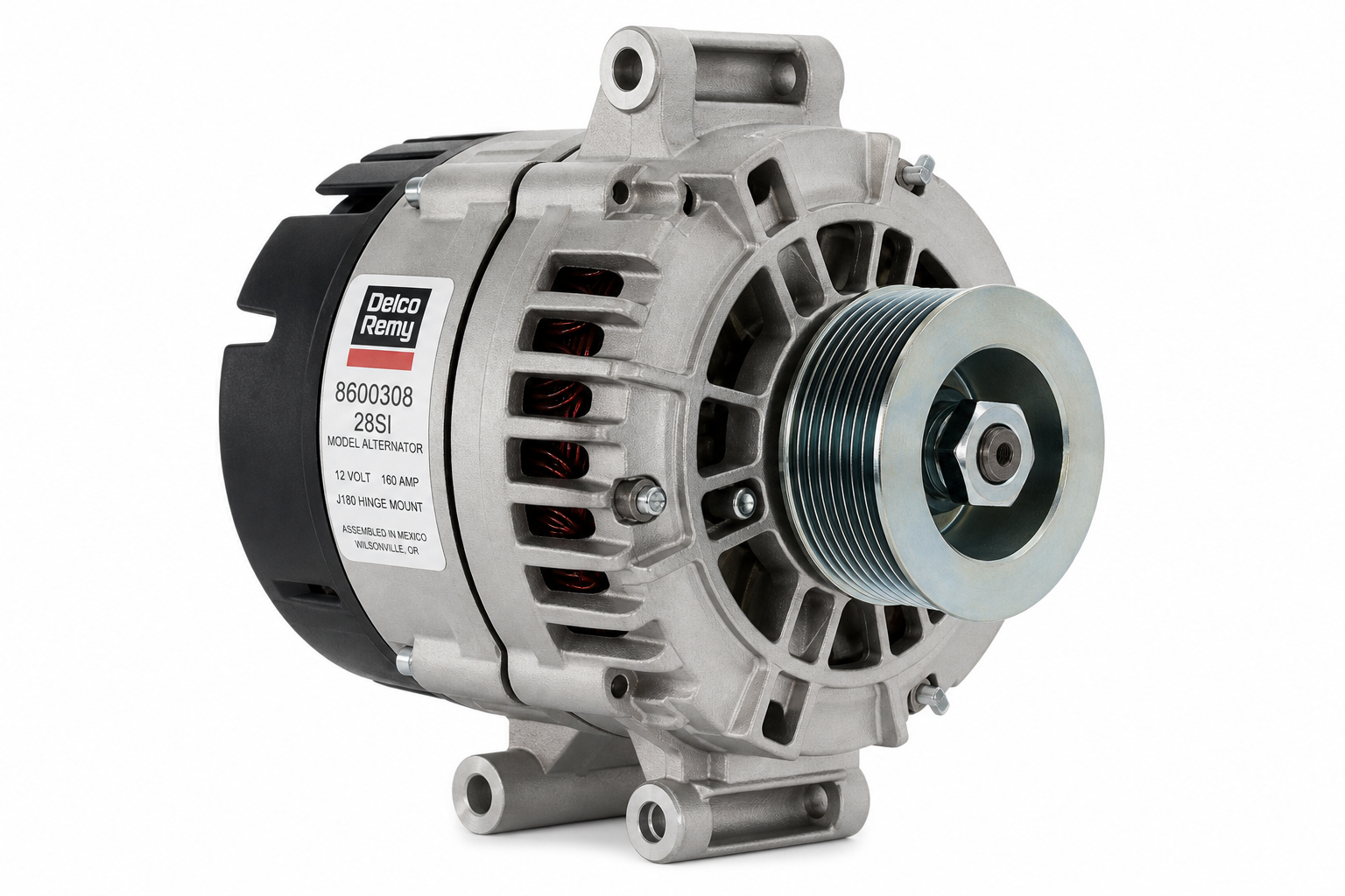 DELCO REMY 8600308 Alternator - 28SI Model, 12V, 160A, 5/16 B+ Output Terminal, J180 Hinge